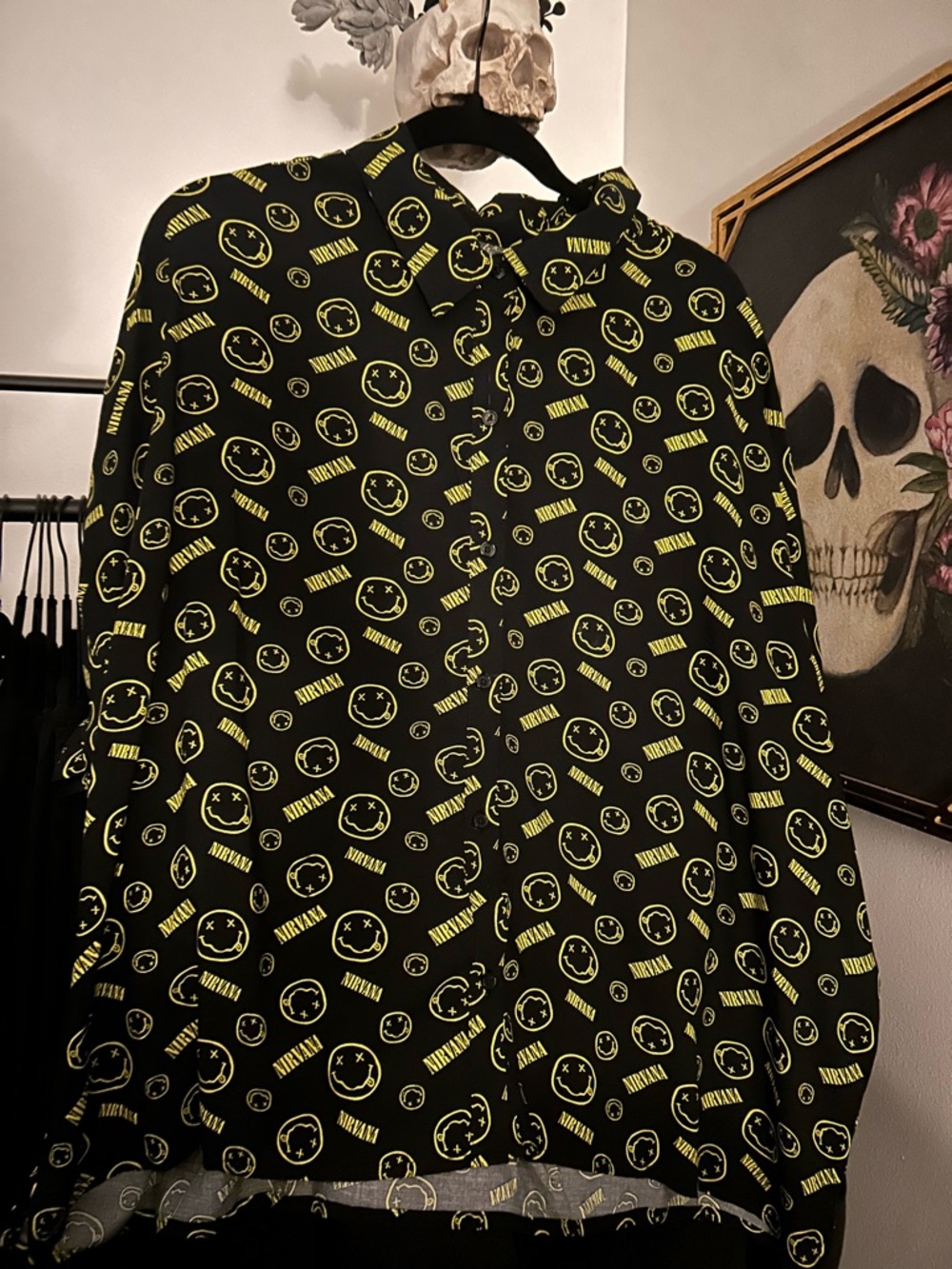 NIRVANA Black Button-Up Tee-Shirt with Yellow Logo Print